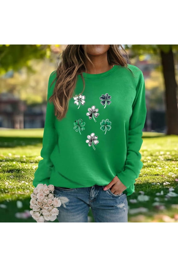 Women's St. Patrick's Day Lucky Clover Print Round Neck Raglan Long Sleeve Waffle Knit Top