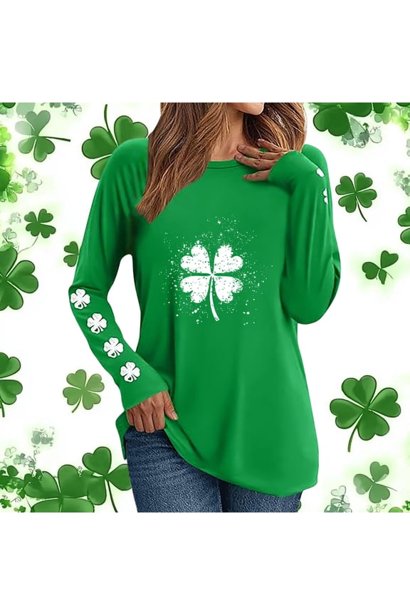 Women's St. Patrick's Day Lucky Clover Print Round Neck Raglan Long Sleeve Waffle Knit Top