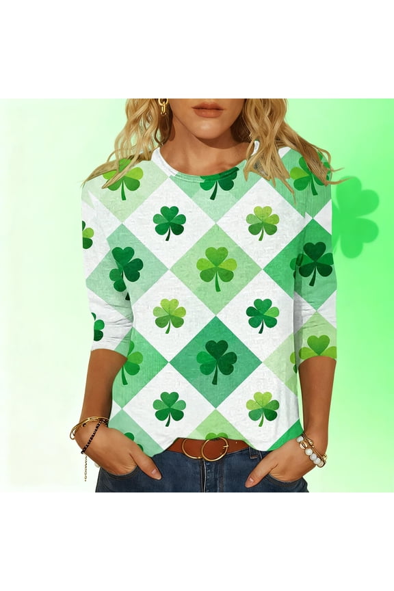 Women's St. Patrick's Day Print Round Neck 3/4 Sleeve Loose T-Shirt