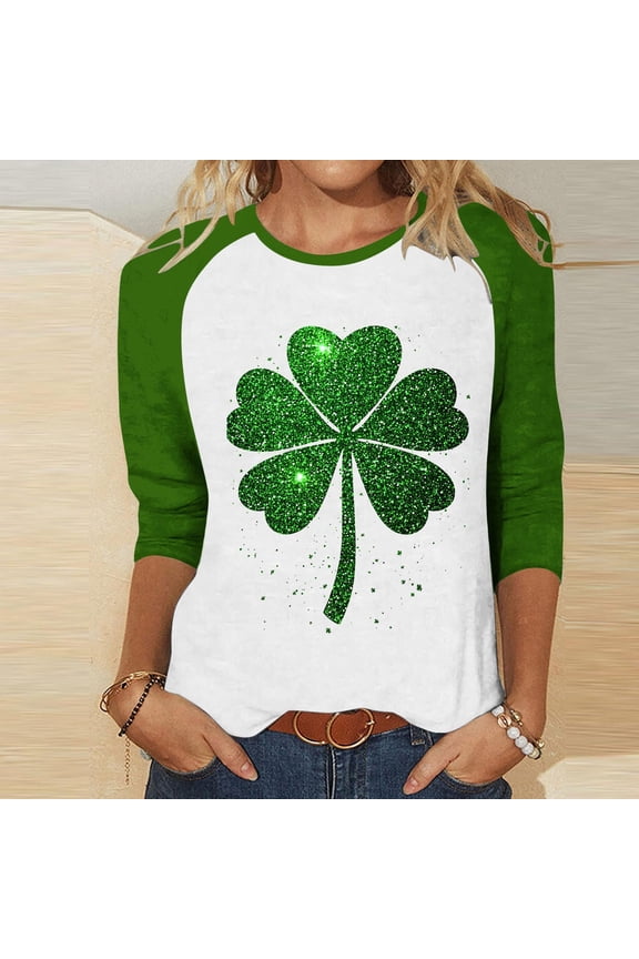 Women's St. Patrick's Day Round Neck Raglan 3/4 Sleeve Loose Fit Casual T-Shirt