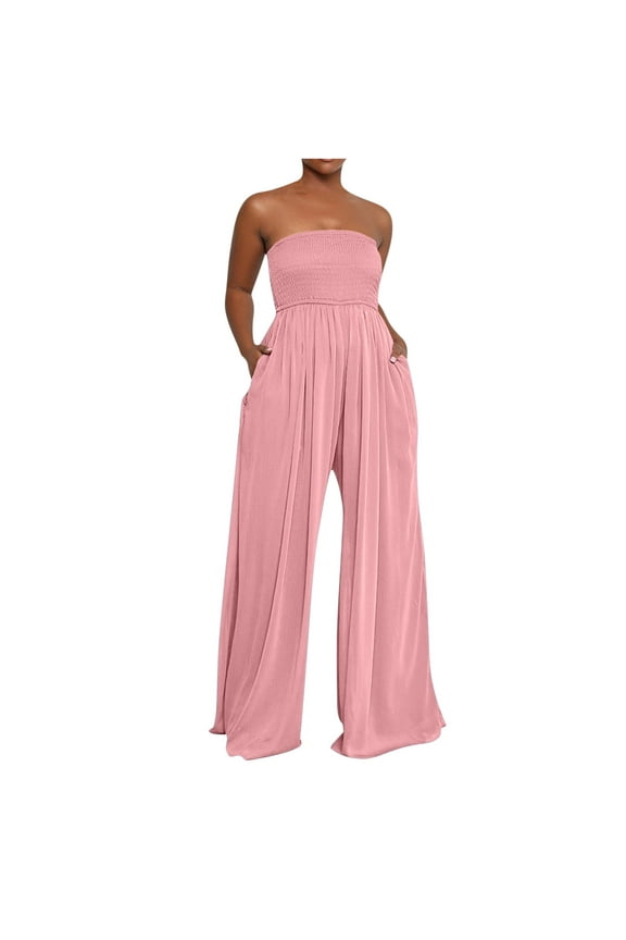 Women's Strapless Tube Wide Leg Jumpsuits Smocked Women Jumpsuits Dressy Casual Flowy One Piece Jumpsuits Rompers