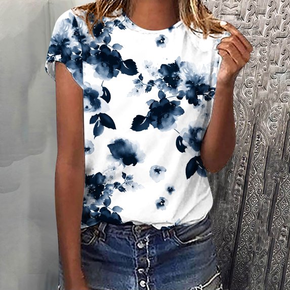 Pincandy Women's Summer Casual Crewneck Short Sleeve T-Shirts Floral Print Fit Basic Tops Tees Blouses Graphic Tees Shirts Short Sleeve Casual Basic Tops,Blue,S