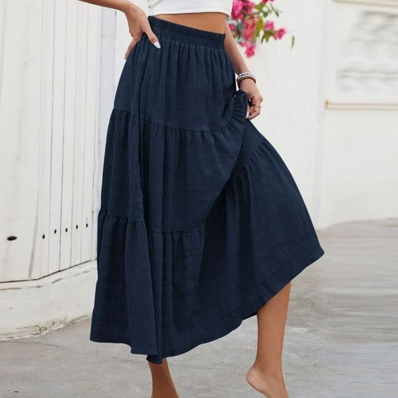 Pincandy Women's Summer Casual Elegant Smock Layered Tiered Maxi Skirt High Waisted A Line Flowy Long Skirts with Pockets
