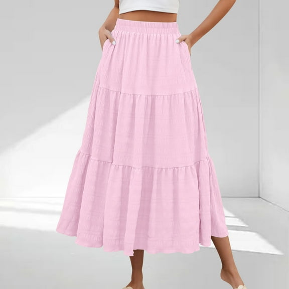 Pincandy Women's Summer Casual Elegant Smock Layered Tiered Maxi Skirt High Waisted A Line Flowy Long Skirts with Pockets