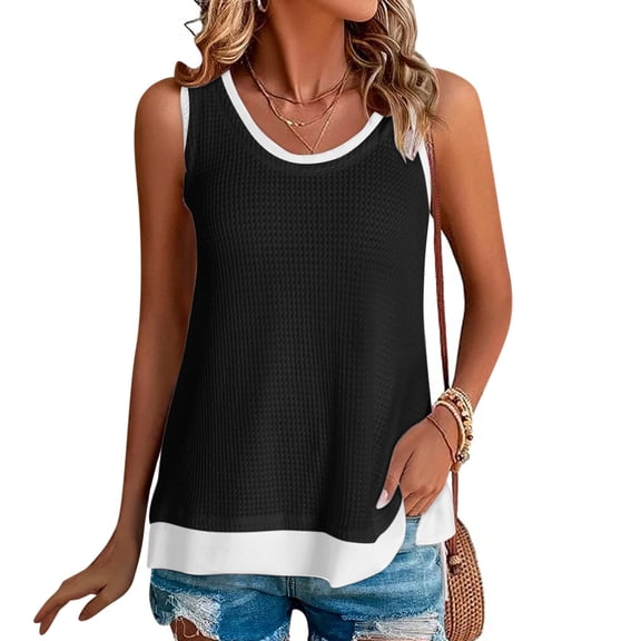 Pincandy Women's Summer Casual Patchwork Fake Two-piece Sleeveless Top T-shirt Round Neck Sleeveless Garment,Black,2XL