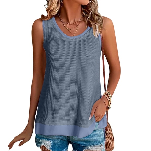 Pincandy Women's Summer Casual Patchwork Fake Two-piece Sleeveless Top T-shirt Round Neck Sleeveless Garment,Blue,2XL