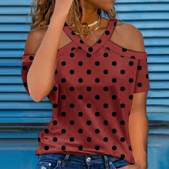 Pincandy Women's Summer Fashion Polka Print-neck Off Shoulder Casual Short Sleeved Top Short Sleeved-neck Top/shirt,Wine,2XL