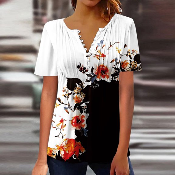 Pincandy Women‘s Summer Sexy Fold Printed Regular Women Short Sleeves V Neck Button Tops Blouse Tunic Tops V Neck Summer Shirts Floral Print Tops Dressy Blouse,Black,S