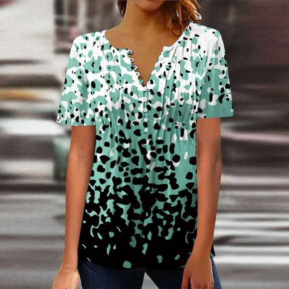 Pincandy Women‘s Summer Sexy Fold Printed Regular Women Short Sleeves V Neck Button Tops Blouse Tunic Tops V Neck Summer Shirts Floral Print Tops Dressy Blouse,Mint Green,2XL