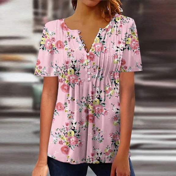 Pincandy Women‘s Summer Sexy Fold Printed Regular Women Short Sleeves V Neck Button Tops Blouse Tunic Tops V Neck Summer Shirts Floral Print Tops Dressy Blouse,Pink,S