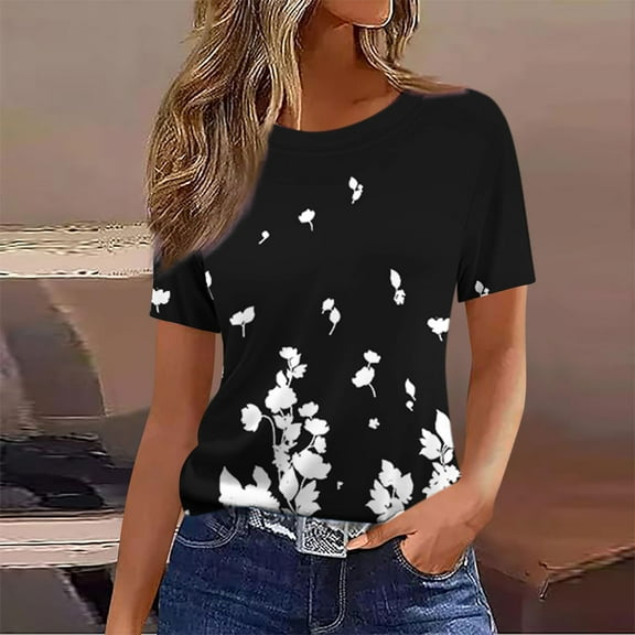 Pincandy Women's Summer Short Sleeve Tunic Plus size ladies shirts Floral Blouse Loose Flowy Tops for Leggings,Black,L