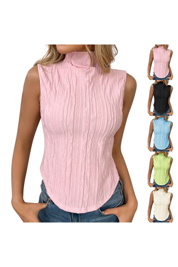 Women's Summer Sleeveless Knit Turtleneck Slim Fit Tank Top Stylish High Neck Base Layer Perfect for Daily Fashion and Fall Winter Layering