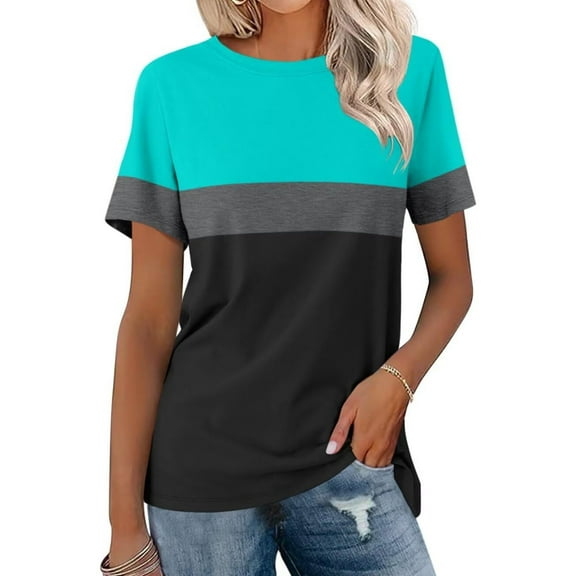 Pincandy Women's Summer Striped Pullover Tops 2025 Trendy Color Block Short Sleeve Tee Shirts Crew Neck Casual Loose Shirts