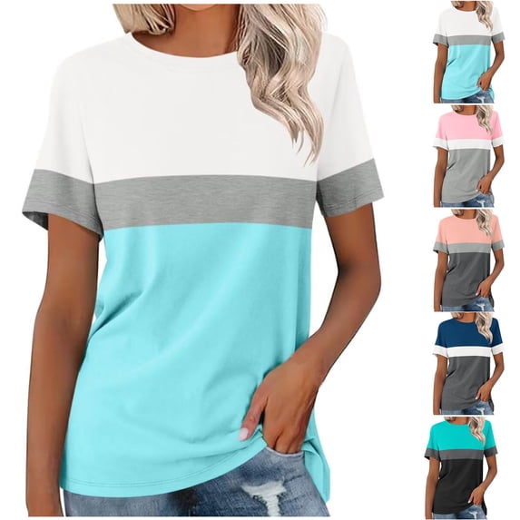 Pincandy Women's Summer Striped Pullover Tops 2025 Trendy Color Block Short Sleeve Tee Shirts Crew Neck Casual Loose Shirts