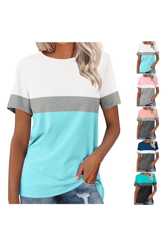 Women's Summer Striped Pullover Tops 2025 Trendy Color Block Short Sleeve Tee Shirts Crew Neck Casual Loose Shirts