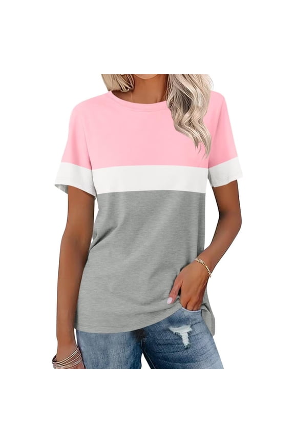 Women's Summer Striped Pullover Tops 2025 Trendy Color Block Short Sleeve Tee Shirts Crew Neck Casual Loose Shirts
