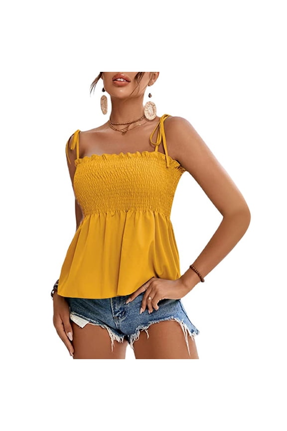 Women's Tie Shoulder Frill Shirred Ruffle Hem Sleeveless Strappy Cami Blouse Peplum Top