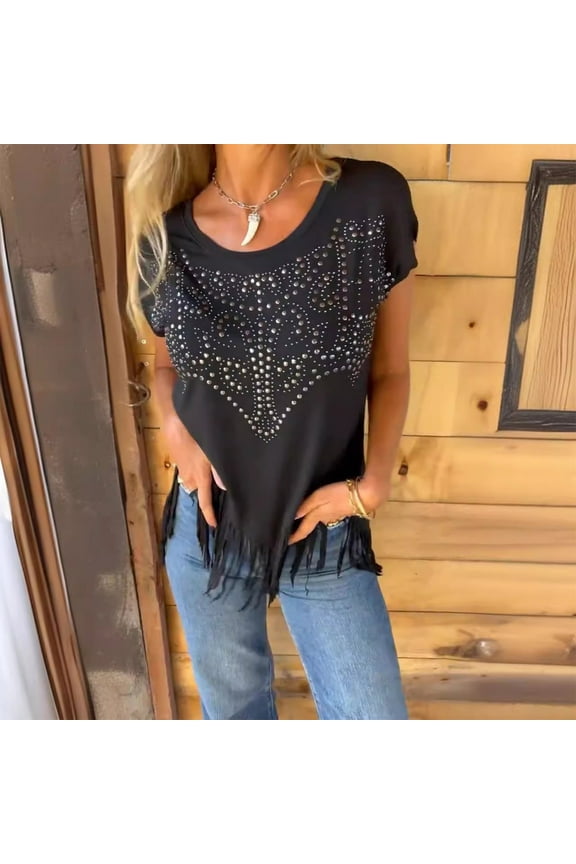 Women's Top Summer Fringe Rhinestone Short Sleeve Irregular Tassel Hem Round Neck Tops Vintage Casual Tunic Tee