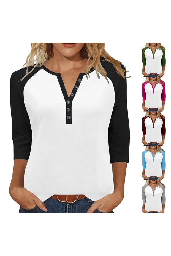 Women's V Neck Button Down 3/4 Sleeve Raglan T Shirt Relaxed Fit Soft Tee Breathable Top Comfy Shirt for Weekend Gatherings and Outdoor Activities