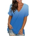 thumbnail image 1 of Pincandy Women's V Neck Gradient T Shirts Casual Rolled Short Sleeve Side Split Summer Tops Loose Fit,Light Blue,3XL, 1 of 4