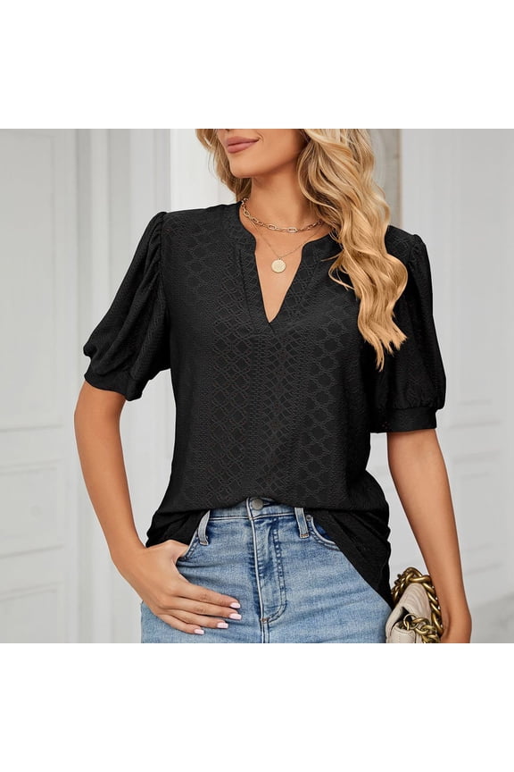 Women's V- Neck Hollow Out Recreational Casual 3/4 Sleeve Henley V-Neck Button Up Pleated Back Blouses Swiss Dot Blouse Tops T-Shirts,Black,2XL