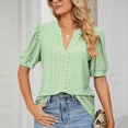 thumbnail image 1 of Pincandy Women's V- Neck Hollow Out Recreational Casual 3/4 Sleeve Henley V-Neck Button Up Pleated Back Blouses Swiss Dot Blouse Tops T-Shirts,Green,XL, 1 of 6