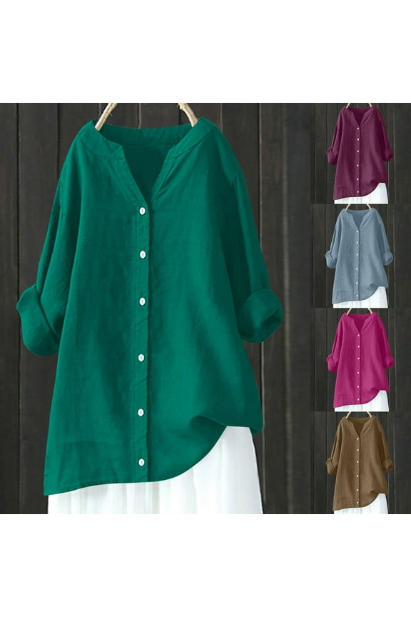 Women's V Neck Long Sleeve Cotton Linen Blend Button Down Shirt Relaxed Fit Comfy Top Ideal for Weekend Shopping and Family Gatherings