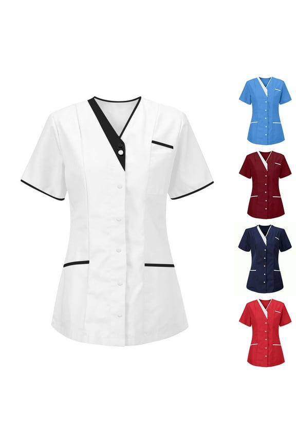 Women's V Neck Nurse Uniform Button Down Shirt Short Sleeve Medical Workwear Top with Pockets Ideal for Clinic Caregiver and Healthcare Professionals