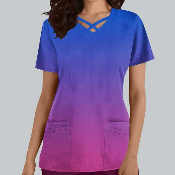 Pincandy Women's V-Neck Scrub Top, Modern Fit Tuck-in Top with Stretchy Rib-Knit Shoulders and Chest Pocket,Purple,XL