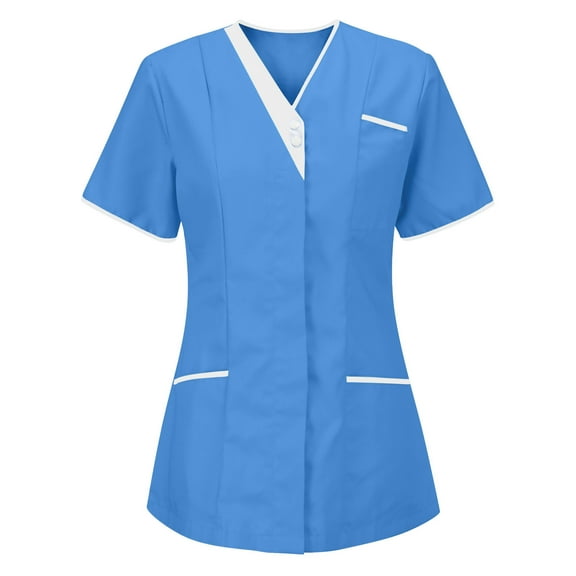 Pincandy Women's V-Neck Scrub Top with Snap Front, 3 Pocket 2-Way Stretch V Neck Short Sleeve Work Clothes Nurse Uniforms