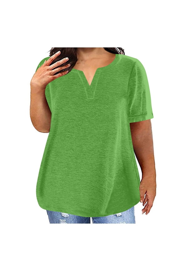 Women's V-neck Solid Color Oversized T-shirt Top Chiffon Blouse Short Sleeve Split V Neck Floral Casual Summer Dressy Work Tops,Green,L