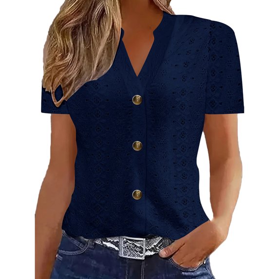 Pincandy Women's V-neck Twisted Button Solid Color Casual Loose Button Short Sleeved Top Summer Short Sleeve T Shirt Notched V Neck Eyelet Embroidery Tee Tops,Navy,L