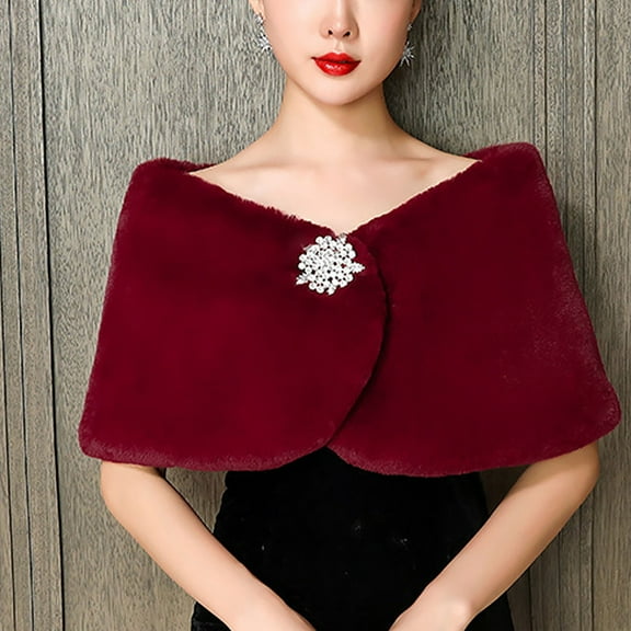 Pincandy Women's Wedding Faux Fur Wraps and Shawls Winter Shrug with Brooch for Brides Bridesmaids White