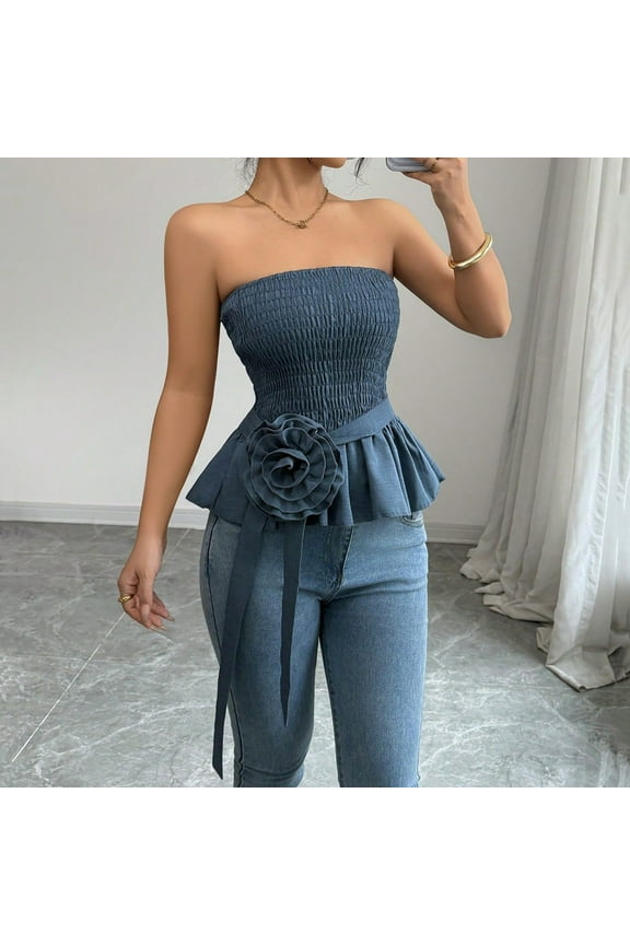 Women's Y2k Strapless Tube Top Sleeveless Smocked Peplum Ruffle 3D Flower Belted Bandeau Tops