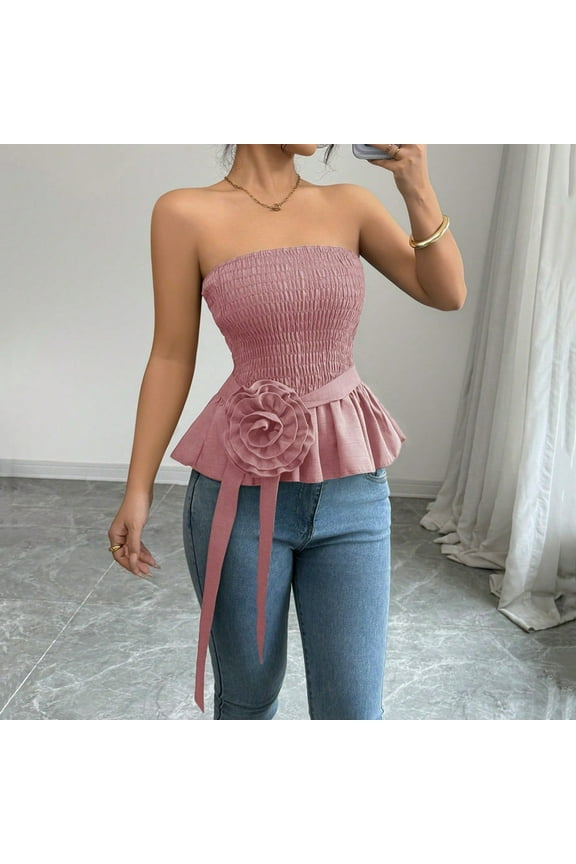 Women's Y2k Strapless Tube Top Sleeveless Smocked Peplum Ruffle 3D Flower Belted Bandeau Tops