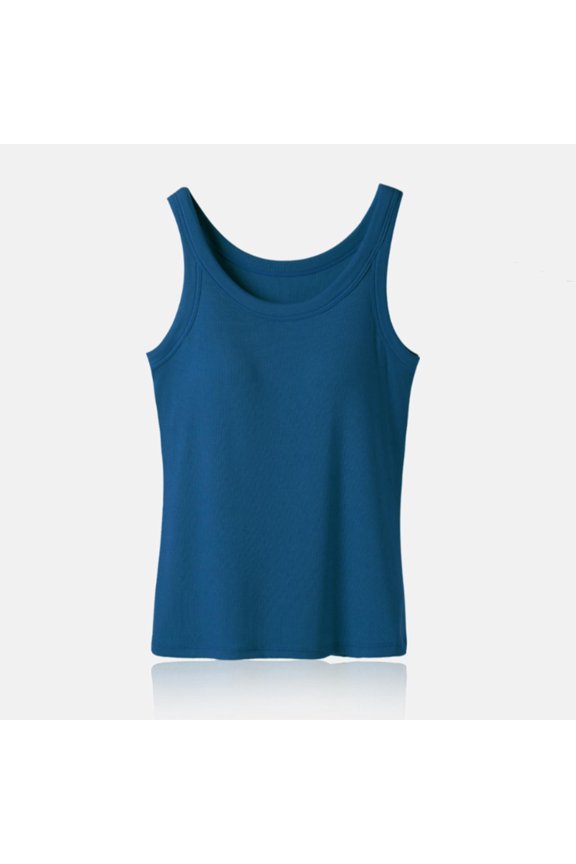 Women's with Chest Cushion and Summer Solid Color Base Integrated Chest Wrap Tank Top Round Neck Tank Top,Blue,M