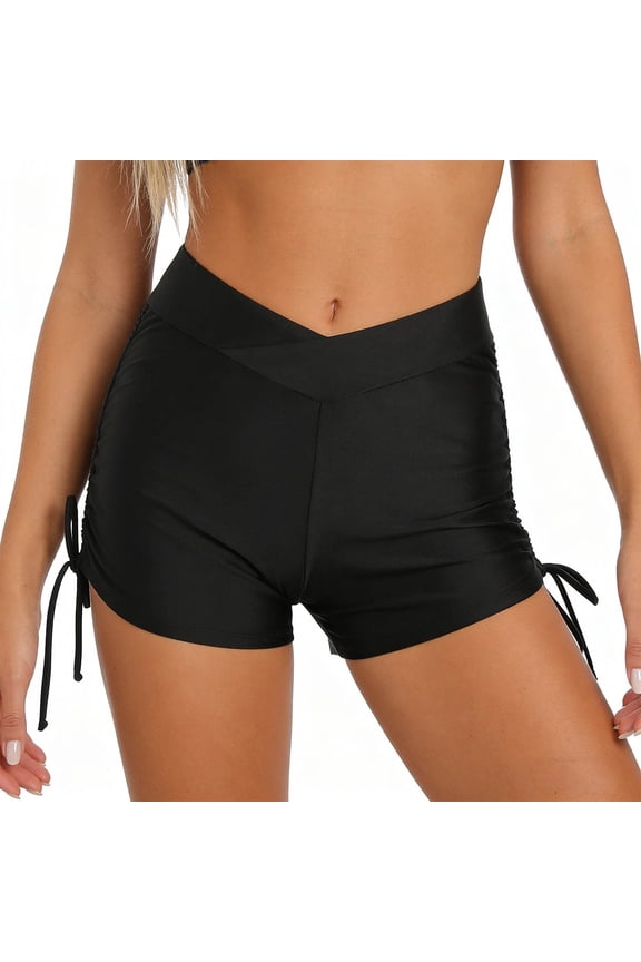 Womens 2026 Modest Solid Color High Waist Boy Short Swim Trunks Drawstring Design Unique Fit Stretchy Breathable for Beach Pool Summer Leisure