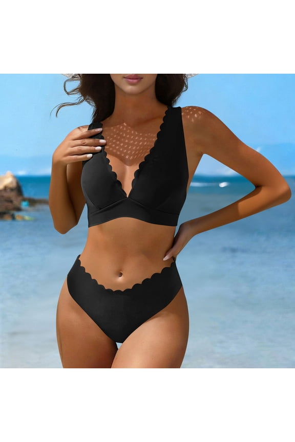 Womens Backless Two Piece Bikini Solid Color Wave Trim Padded Wireless Stretchy UV 50+ for Beach Tropical Vacation Summer Pool Wear