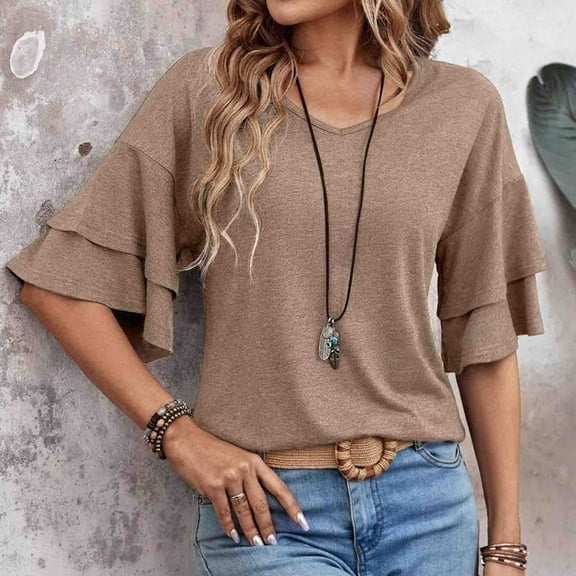 Pincandy Womens Blouses Ruffle Short Sleeve T Shirts V Neck Double Tiered Bell Sleeve Top Spring Summer Fashion Clothes Cute Tunic,Khaki,2XL