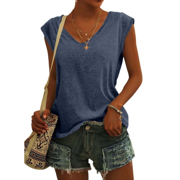Pincandy Womens Cap Sleeve Tops V Neck Loose Fit Tshirts Spring Summer Casual Basic Tees