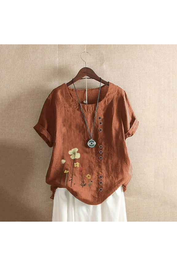 Womens Casual Cropped Button T Shirts Summer Half Sleeve Crop Tops Splicing Round Neck Crop Tees,Brown,M