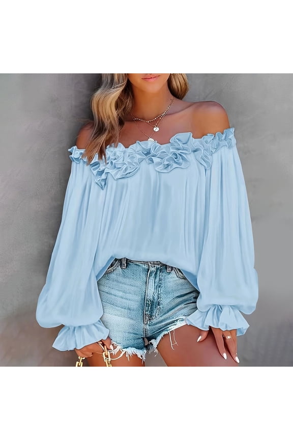 Womens Casual Off Shoulder Tops Long Sleeve Ruffle Flowy Chiffon Blouses Shirts
