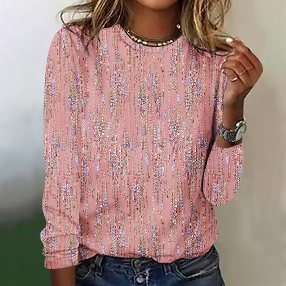 Pincandy Womens Cute Long Sleeve Tops Trendy 2025 Floral Print Tunic Shirts Crewneck Loose Comfy Blouses Dressy Casual