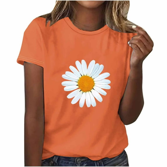Pincandy Womens Dressy Tops, Women's Fashion Casual Short Sleeve Flower Print Round Neck Pullover Top Blouse,Orange,L