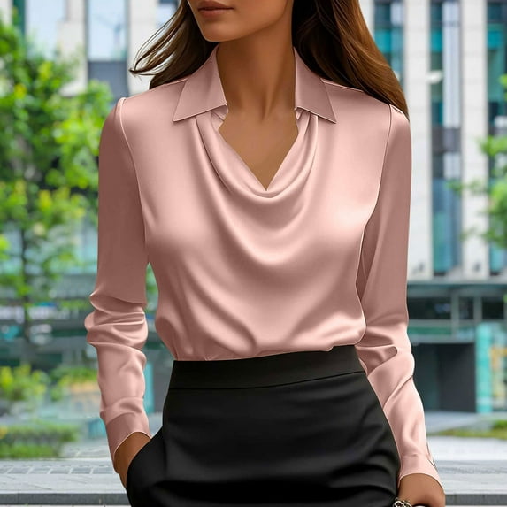 Pincandy Womens Elegant Cowl Neck Satin Blouse Long Sleeve Tops Dressy Business Casual Office Work Silk Shirt Fall Outfits