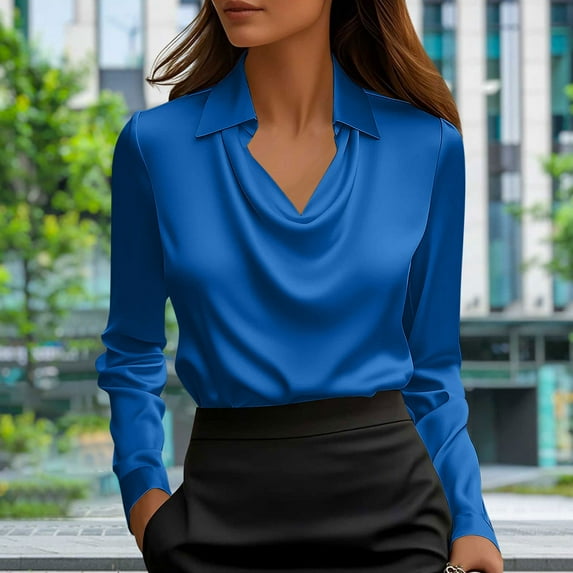 Pincandy Womens Elegant Cowl Neck Satin Blouse Long Sleeve Tops Dressy Business Casual Office Work Silk Shirt Fall Outfits