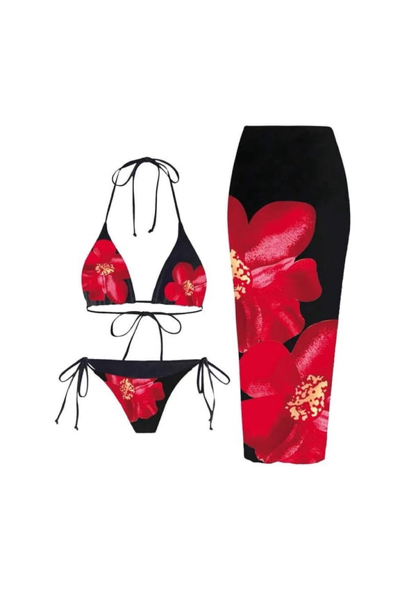 Womens Fashion Printed Slim Fit Three Piece Bikini Set Padded Wireless Stretchy Breathable for Beach Pool Party Summer Vacation Outdoor Wear