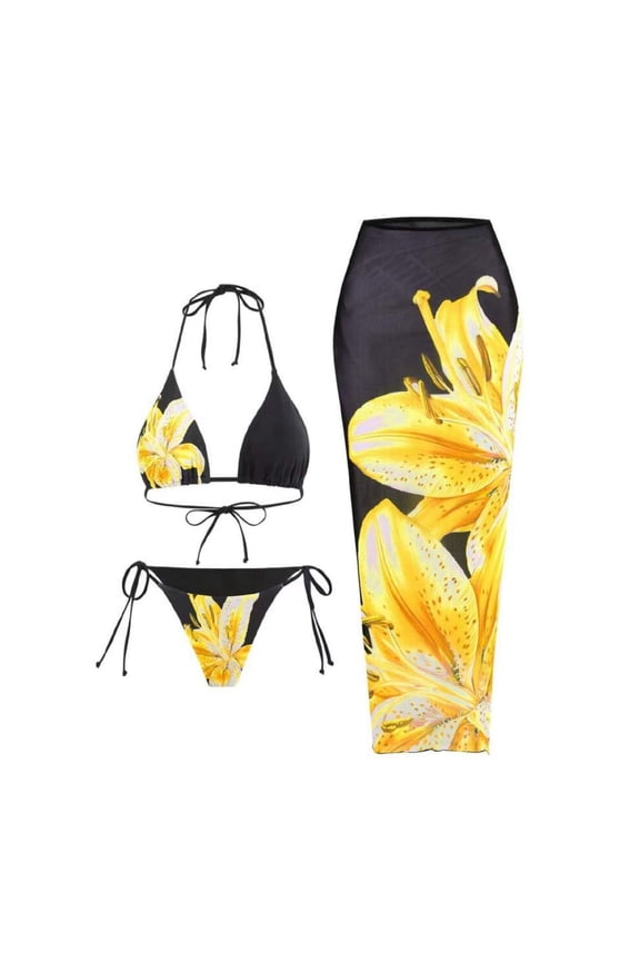 Womens Fashion Printed Slim Fit Three Piece Bikini Set Padded Wireless Stretchy Quick Dry Flattering Fit for Beach Pool Summer Outdoor Activity