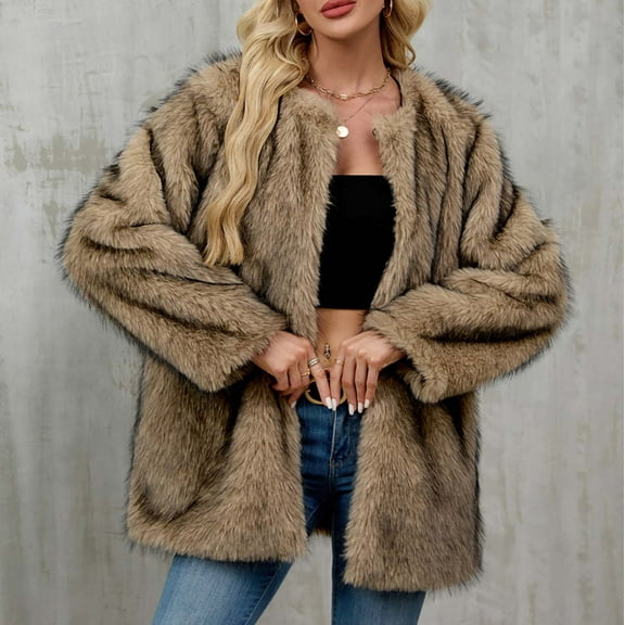 Pincandy Womens Faux Fur Cropped Jacket Long Sleeve Warm Winter Coat