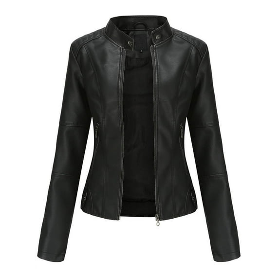 Pincandy Womens Faux Leather Long Sleeve Jackets Quilted Moto Outwear Slim Lapel Coats